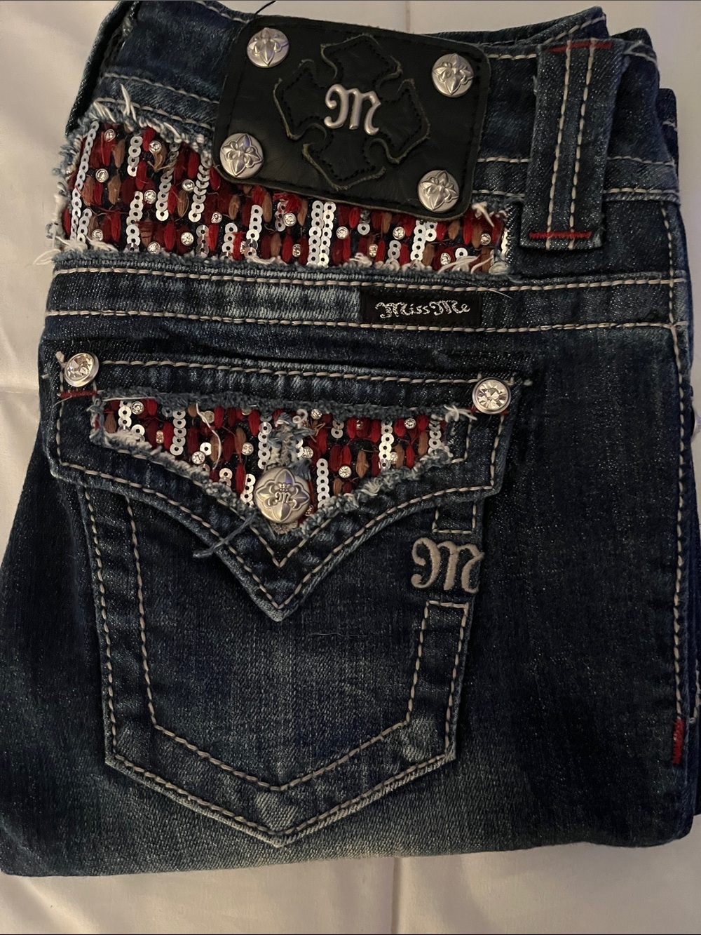 Miss Me Dark Indigo Boot Cut Jeans with Red Sequin Detail